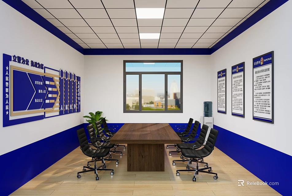 Modern Conference Room Interior With Wooden Table Black Office Chairs And Blue Wall Decorations 3d model 