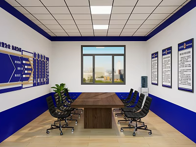 Modern Conference Room Interior With Wooden Table Black Office Chairs And Blue Wall Decorations 3d model