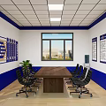Modern Conference Room Interior With Wooden Table Black Office Chairs And Blue Wall Decorations