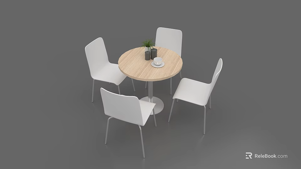 Round Negotiation Table with Wooden Tabletop and White Chairs Featuring Potted Plant and Cup 3d model 