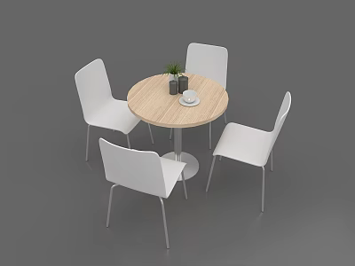 Round Negotiation Table with Wooden Tabletop and White Chairs Featuring Potted Plant and Cup 3d model