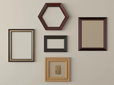 Wooden Picture Frames With Various Shapes And Colors Hanging On Wall 3d model