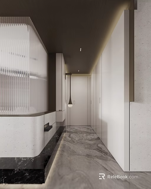 Modern Foyer Hallway With Marble Floor And Glass Partition 3d model 