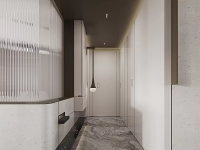 Modern Foyer Hallway With Marble Floor And Glass Partition 3d model