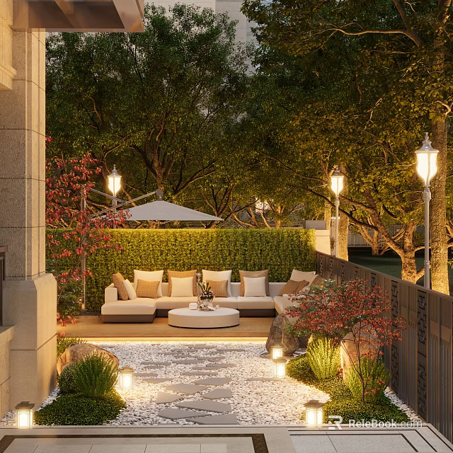 Tranquil Courtyard Garden Featuring Outdoor Sofa Round Coffee Table Pebble Pathway And Garden Lights 3d model 