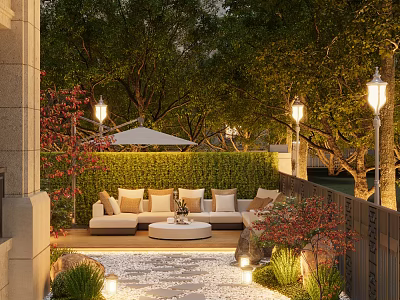 Tranquil Courtyard Garden Featuring Outdoor Sofa Round Coffee Table Pebble Pathway And Garden Lights 3d model
