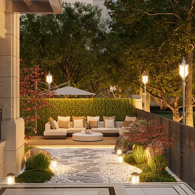 Tranquil Courtyard Garden Featuring Outdoor Sofa Round Coffee Table Pebble Pathway And Garden Lights 3d model