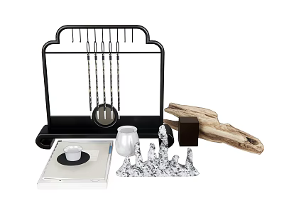 Black Decorative Rack With Hanging Tools White Cup Transparent Glass And Rockery Ornaments 3d model