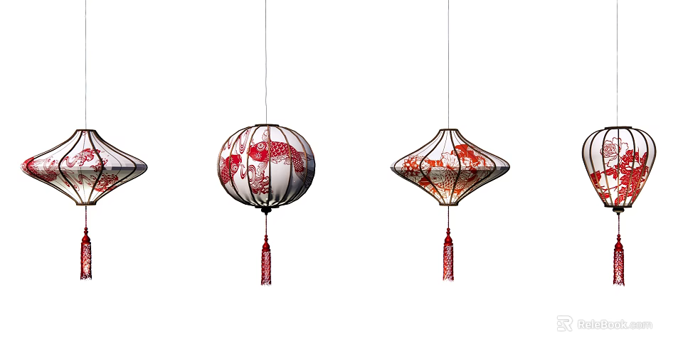 Traditional Chinese Hanging Lanterns With Red Patterns And Decorative Tassels 3d model 