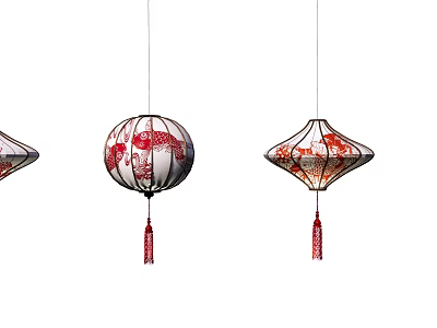 Traditional Chinese Hanging Lanterns With Red Patterns And Decorative Tassels 3d model