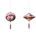 Traditional Chinese Hanging Lanterns With Red Patterns And Decorative Tassels