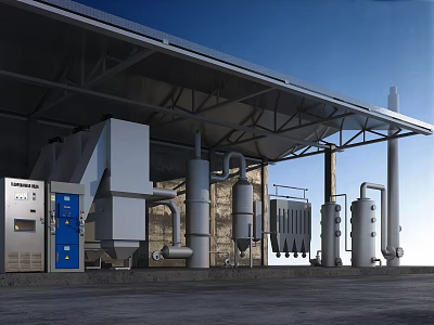 Industrial Equipment In Factory With Metal Pipes Blue Control Cabinet And Canopied Structure 3d model