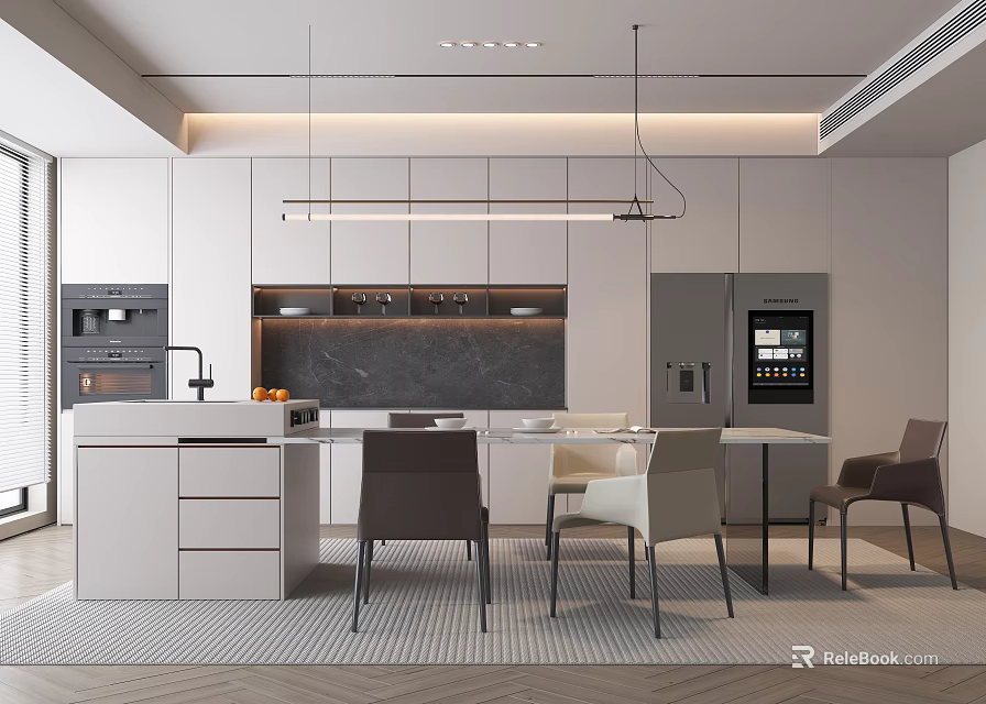 Modern Restaurant Interior Design With Open Kitchen Island Counter And Dining Chairs 3d model 