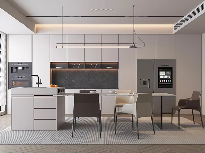 Modern Restaurant Interior Design With Open Kitchen Island Counter And Dining Chairs 3d model