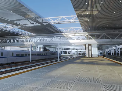 Modern Train Station Platform With Steel Structure Roof And Parked Train On Spacious Tiled Floor 3d model