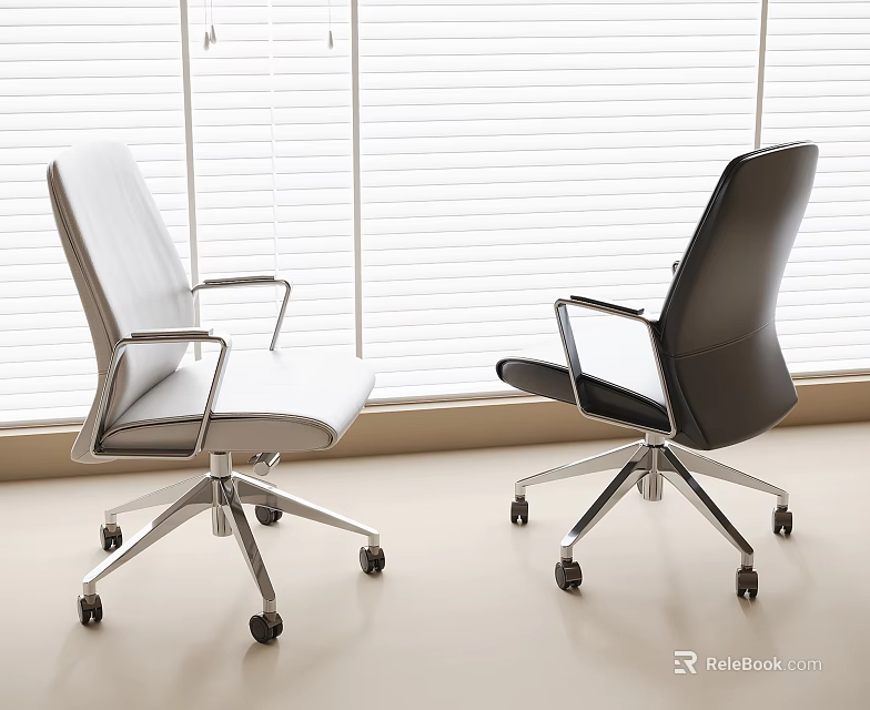Modern Office Chair Design With White Black Colors Metal Frame And Wheels By Window Blinds 3d model 
