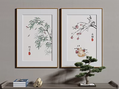 Traditional Framed Plant Paintings With Bamboo And Plum Blossoms Hanging On Wall 3d model