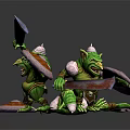 Green Creatures Wearing White Pointed Hats Wielding Large Blades And Shields In Battle Pose