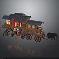 Ancient Two Story Wooden Mobile Building With Tile Roof Windows And Elephant Drawn Wheels
