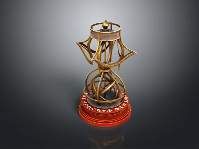 Golden Ornate Sculpture With Intricate Metal Design And Red Base Stand 3d model