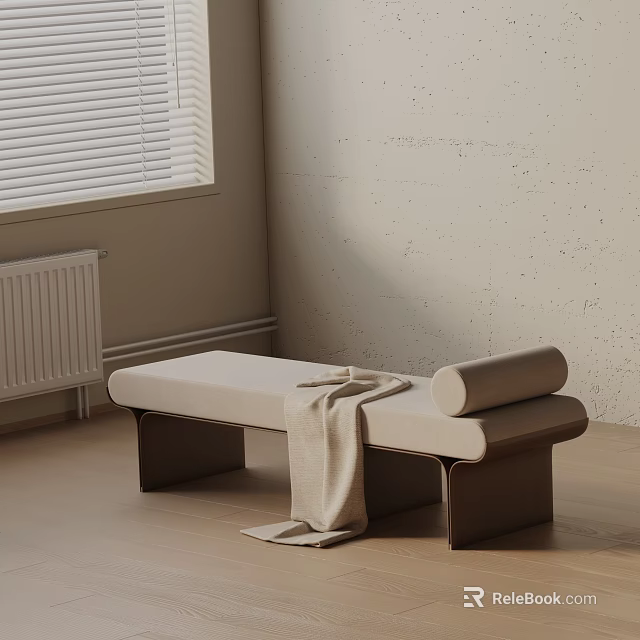 Light Colored Sofa Bench with Dark Legs Blanket Draped Near White Blinds on Wooden Floor 3d model 
