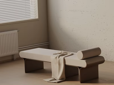 Light Colored Sofa Bench with Dark Legs Blanket Draped Near White Blinds on Wooden Floor 3d model