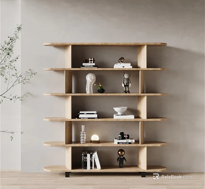 Wooden Shelving Unit With Multiple Tiers Displaying Decorative Figurines Books And Vase On Neutral Wall 3d model 