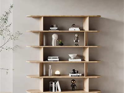 Wooden Shelving Unit With Multiple Tiers Displaying Decorative Figurines Books And Vase On Neutral Wall 3d model