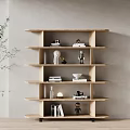 Wooden Shelving Unit With Multiple Tiers Displaying Decorative Figurines Books And Vase On Neutral Wall