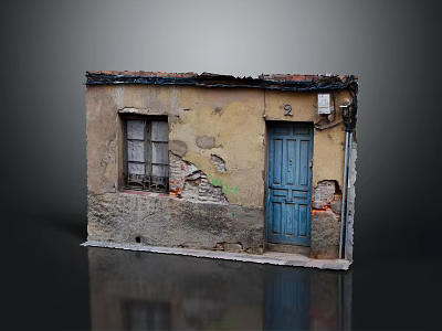 Aged Small Building With Yellow Walls Blue Door Red Roof And Peeling Paint Details 3d model