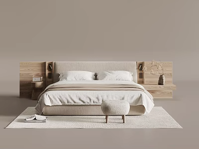 Minimalist Background Double Bed With Wooden Headboard Nightstands Linen Bedding White Pillows Rug And Stool 3d model