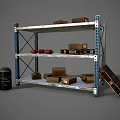 Multi Tiered Storage Shelf With Cardboard Boxes Red Items Black Barrel And Wooden Planks