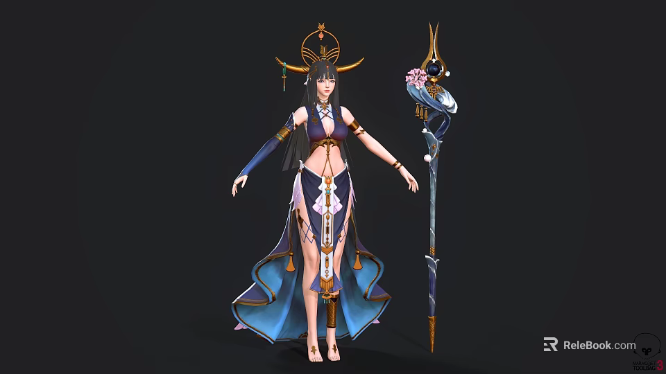 Game And Movie Character With Ornate Headdress Long Blue Purple Dress And Decorative Staff 3d model 