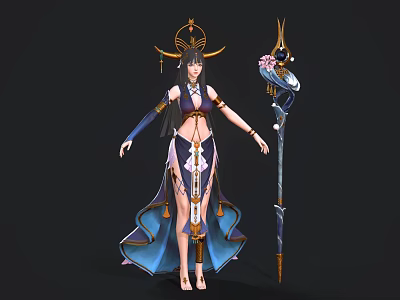 Game And Movie Character With Ornate Headdress Long Blue Purple Dress And Decorative Staff 3d model