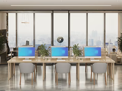 Modern Office Open Workspace With Large Windows Cityscape Computers Plants Light Colored Tables And Chairs 3d model