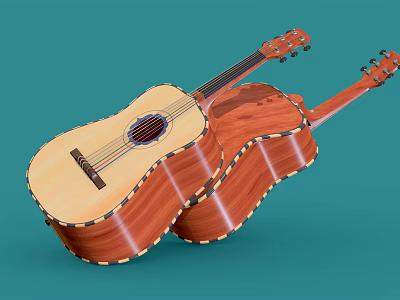 Two Wooden Acoustic Guitars With Natural Wood Grain Finish On Teal Background 3d model