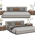 Modern Upholstered Double Bed with Wooden Nightstands Gray Brown Pillows and Bedside Lamps