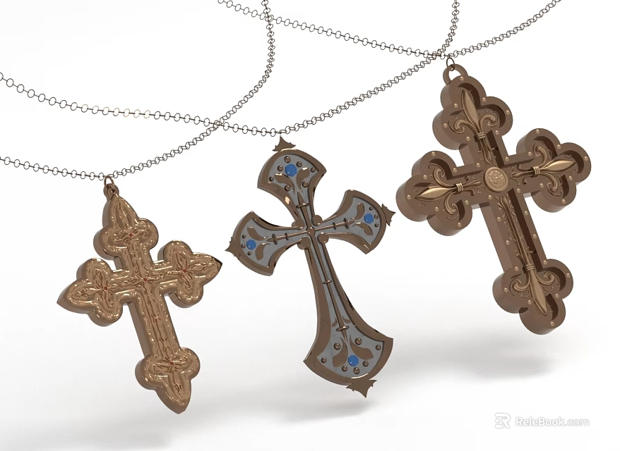 Decorative Cross Pendants Jewelry With Blue Stone Accents And Golden Metal Design 3d model 