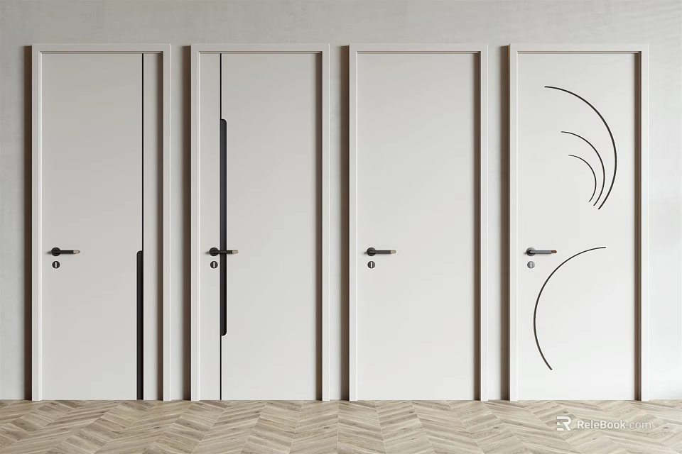 Modern White Hinged Doors With Different Design Details And Metal Handles 3d model