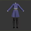 Stylish Blue Dress With White Collar Waist Belt Long Sleeves And Black Stockings Shoes