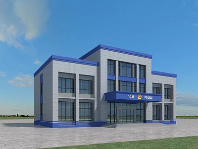 Modern Two Story Police Station Building With Blue Gray Exterior And Glass Entrance 3d model