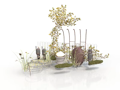 Garden Scene Construction With Yellow Leaf Tree Metal Fences Decorative Stones And Grass Patches 3d model