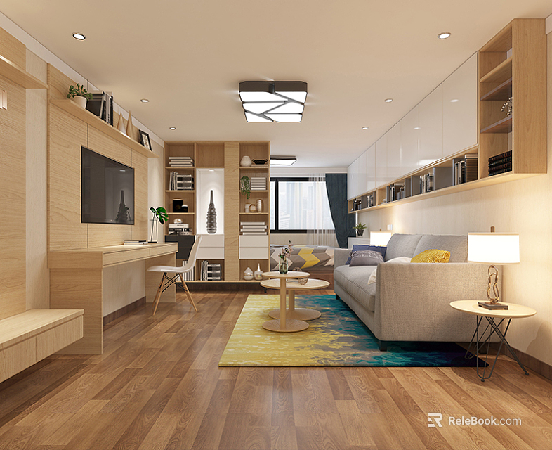 Modern Apartment Interior With Open Layout Sofa Coffee Table TV Bookshelves Wooden Flooring Colorful Rug 3d model 
