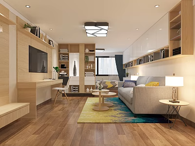Modern Apartment Interior With Open Layout Sofa Coffee Table TV Bookshelves Wooden Flooring Colorful Rug 3d model