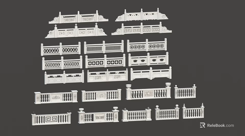 Various Decorative Railing Styles Featuring Different Designs and Patterns 3d model