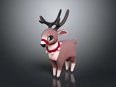 Cute Brown Game and Movie Character with White Nose Red Collar and Black Antlers 3d model