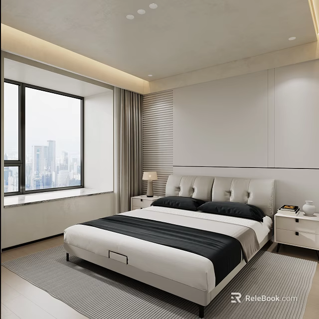 Minimalist Bedroom Featuring White Leather Bed Black White Bedding Nightstands Table Lamp And City View 3d model 