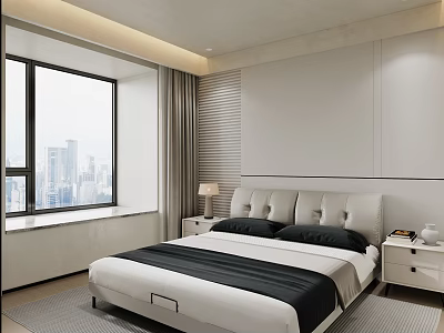 Minimalist Bedroom Featuring White Leather Bed Black White Bedding Nightstands Table Lamp And City View 3d model