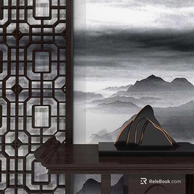 Chinese Ornament Set with Carved Wooden Screen Ink Wash Painting Mountain Decor on Dark Tabletop 3d model 