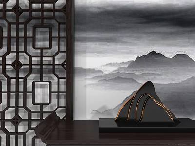 Chinese Ornament Set with Carved Wooden Screen Ink Wash Painting Mountain Decor on Dark Tabletop 3d model